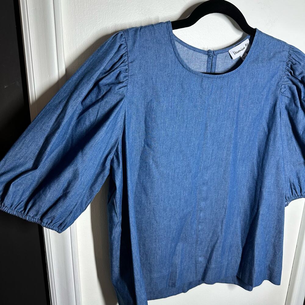 Veronica M Women's Chambray Puff Sleeve Blouse Size Medium - Picture 2 of 6